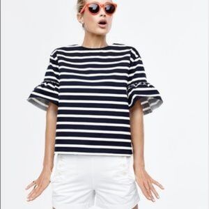 J. Crew Navy and White Striped Blouse with Ruffle Sleeves Misses Size XXS